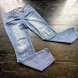 Vintage America Blues Women's Denim Boho Skinny Size 10 Hippie Whimsy Embroidery